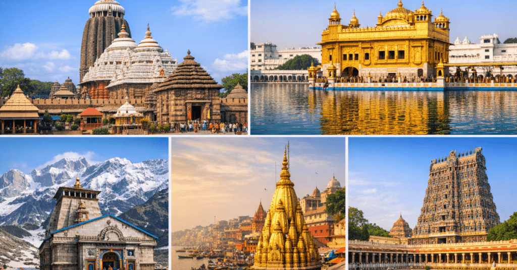 भारत के प्रसिद्ध मंदिर जैसे केदारनाथ, काशी विश्वनाथ और मीनाक्षी मंदिर का सुंदर दृश्य