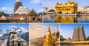 भारत के प्रसिद्ध मंदिर जैसे केदारनाथ, काशी विश्वनाथ और मीनाक्षी मंदिर का सुंदर दृश्य
